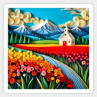 Swirly Quilled Fantasy Field of Multicolor Flowers and Mountains Sticker